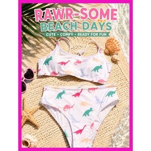Dinosaur Print Bikini Swimsuit 2 Piece & Skirt Cover Up White Pastel Swimwear Sm